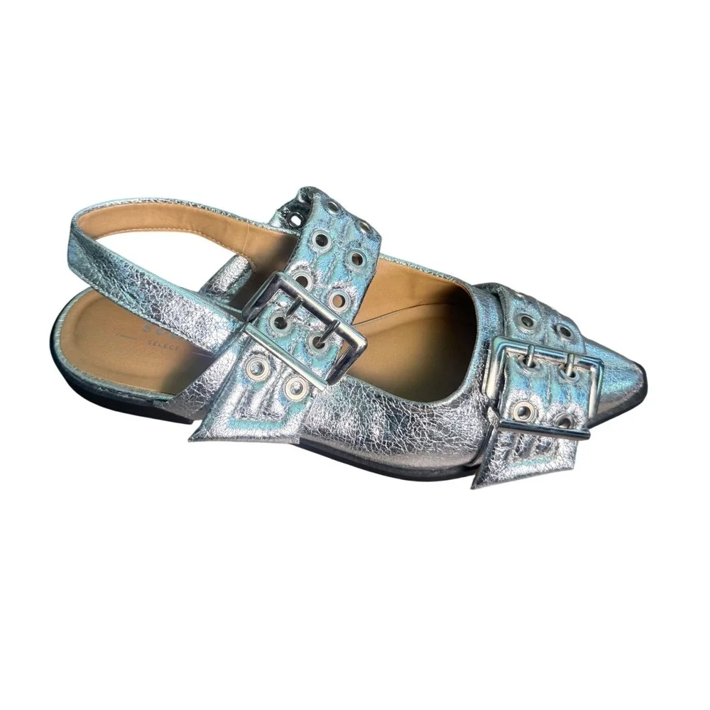 Womens Y2K Chunky Buckle Ballet Flats Size 8 Ballerina Slingback Metallic Silver
